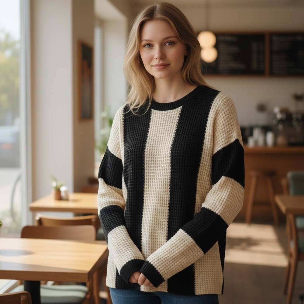 Preppy Cozy Waffle Knit Sweater Women M Black Cream Excellent Striped Pullover